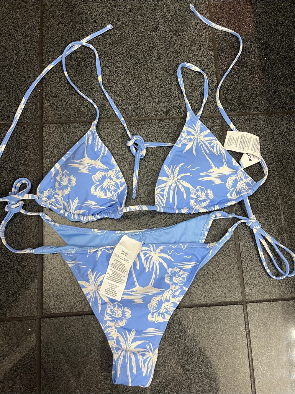 Roxy Light Blue and White Floral Triangle Bikini Set